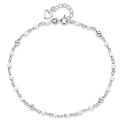 Sterling Silver Freshwater Cultured Pearl and Heart 9 inch Plus 1 inch Extender  - Total 10 inch Anklet