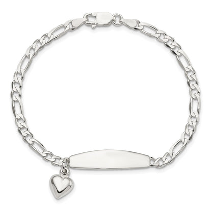 Sterling Silver Polished Figaro ID Heart Dangle 8.5in Bracelet