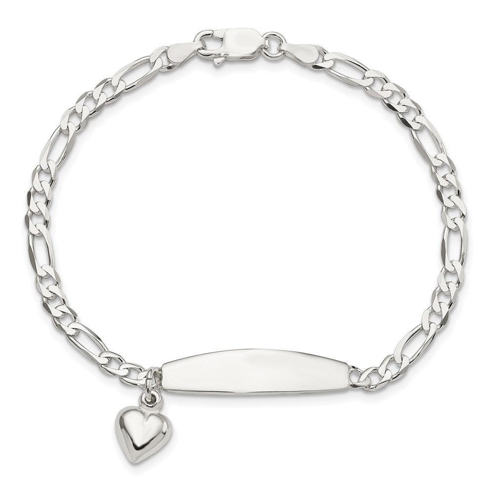 Sterling Silver Polished Figaro ID Heart Dangle Bracelet