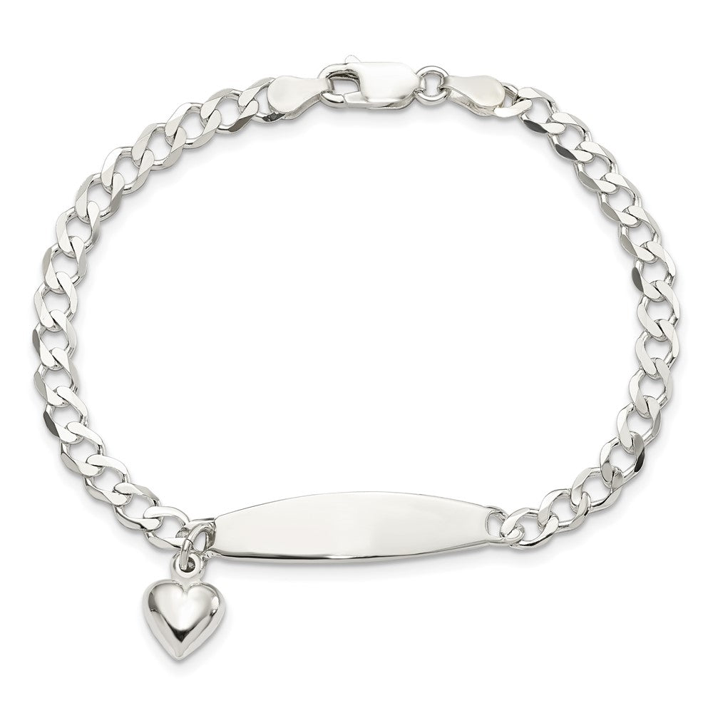 Sterling Silver Polished Curb Link ID Heart Dangle Bracelet
