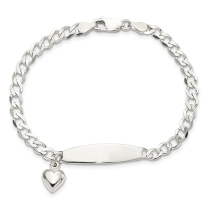 Sterling Silver Polished Curb Link ID Heart Dangle 8.5in Bracelet