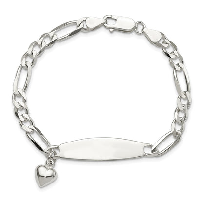 Sterling Silver Polished Figaro ID Heart Dangle 8.5in Bracelet