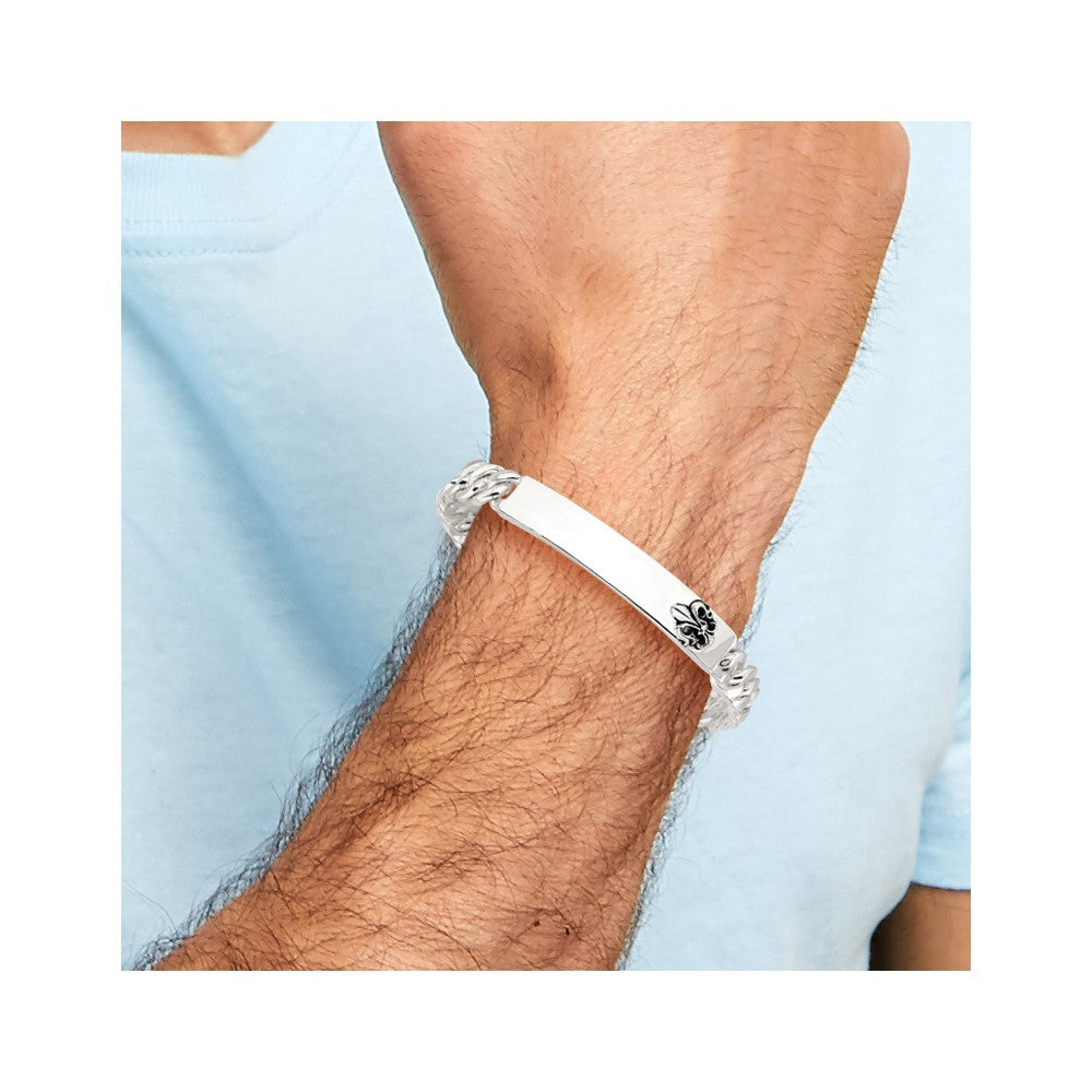 Sterling Silver Antiqued Fleur-de-lis ID Men's Bracelet