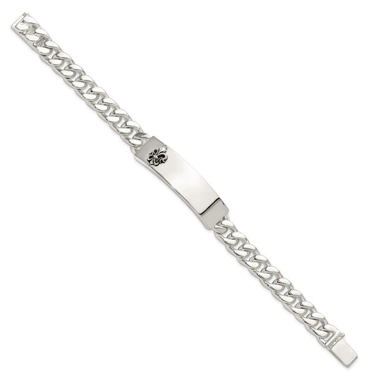 Sterling Silver Antiqued Fleur-de-lis ID Men's Bracelet