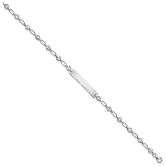 Sterling Silver Rhodium-plated Engravable CZ Bezel Chain 30x5.5mm Plate 7.5 inch ID Bracelet