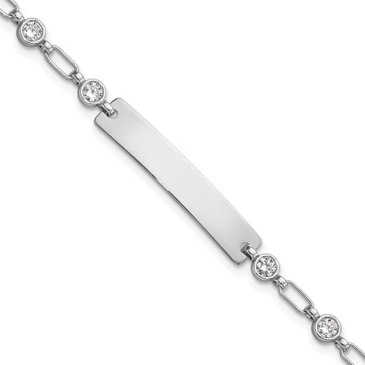 Sterling Silver Rhodium-plated Engravable CZ Bezel Chain 30x5.5mm Plate 7.5 inch ID Bracelet