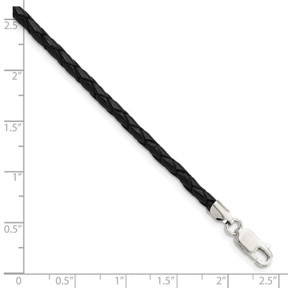 Sterling Silver 18inch 3mm Black Leather Braided Necklace