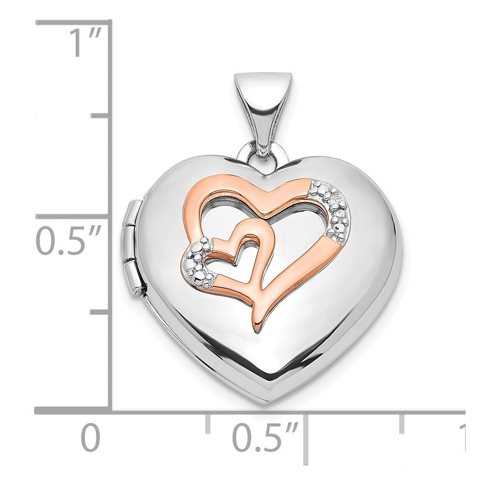 Sterling Silver Rhodium-plated Diamond Rose Rhodium Hearts 18mm Locket