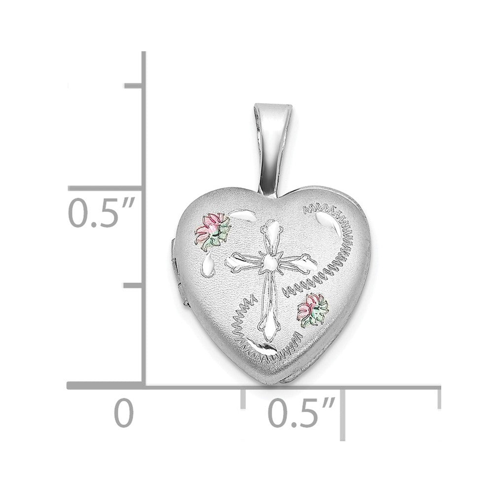 Sterling Silver Rhodium-plated D/C Enameled Floral Cross 12mm Heart Locket