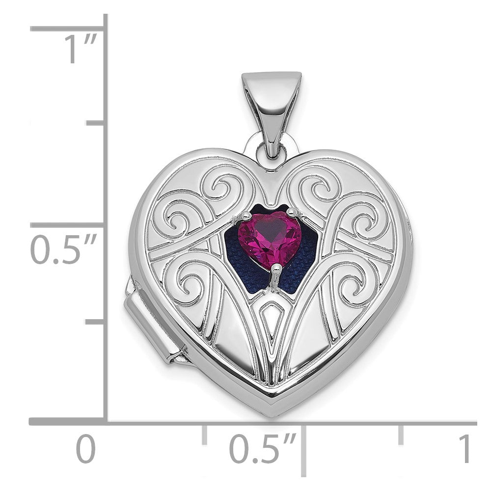 Sterling Silver Rhodium-plated Lab Created Ruby July Birthstone 18mm Heart Locket