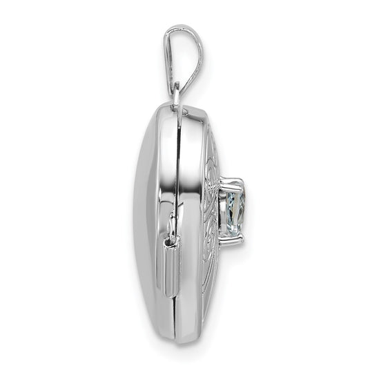 Sterling Silver Rhodium-plated Aquamarine March Birthstone 18mm Heart Locket