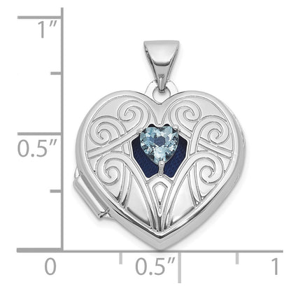 Sterling Silver Rhodium-plated Aquamarine March Birthstone 18mm Heart Locket