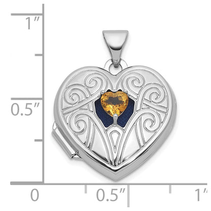 Sterling Silver Rhodium-plated Citrine November Birthstone Heart 18mm Locket