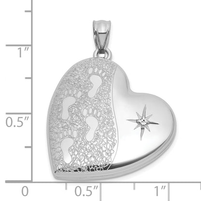 Sterling Silver Rhodium-plated Brushed And Polished 1/20 carat Diamond Foot Prints 24mm Heart Locket
