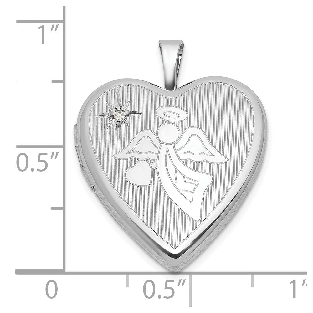 Sterling Silver Rhodium-plated Brushed And Polished 1/20 carat Diamond And Angel 20mm Heart Locket
