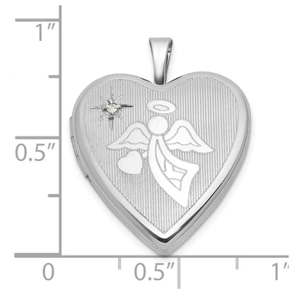 Sterling Silver Rhodium-plated Brushed And Polished 1/20 carat Diamond And Angel 20mm Heart Locket