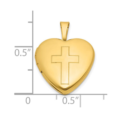 Sterling Silver Gold-plated Polished Front/Brushed Back Engraved Cross 16mm Heart Locket