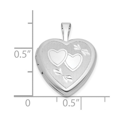 Sterling Silver Rhodium-plated Polished Front/Brushed Back Diamond-cut Twin Hearts 16mm Heart Locket