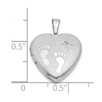 Sterling Silver Rhodium-plated Polished Front/Brushed Back Foot Prints with Star 16mm Heart Locket