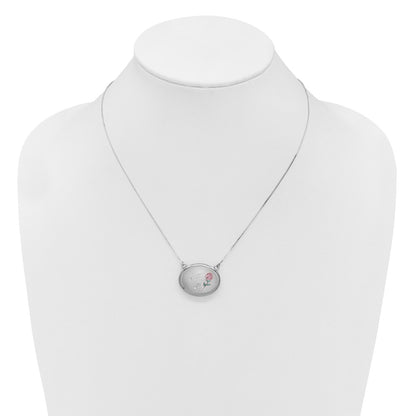Sterling Silver Rhodium-plated Brushed/Polished Pink and Green Epoxy MOM Rose 18.75 inch with 2 inch ext. 20mm Oval Locket Necklace