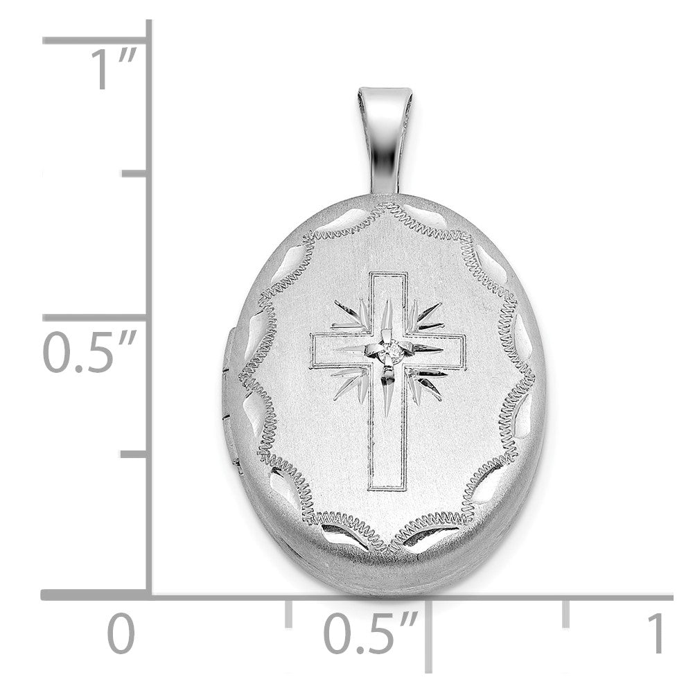 Sterling Silver Rhodium-plated Brushed  1/20 carat Diamond Engraved Cross 16mm Oval Locket