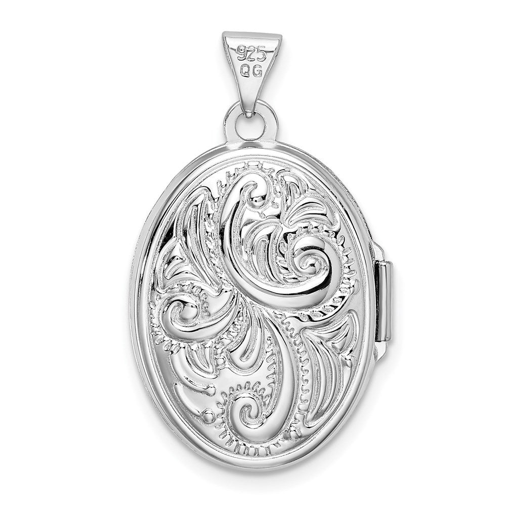 Sterling Silver Rhodium-plated Polished Scroll Design Reversible Same on Back 21mm Oval Locket