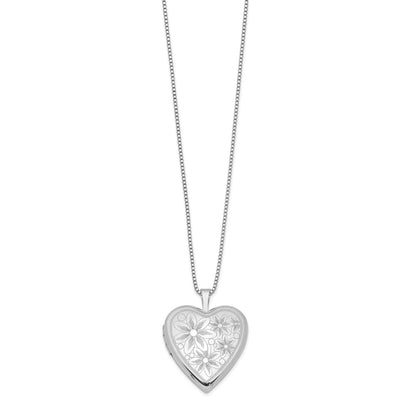 Sterling Silver Rhodium-plated 20mm with Daisies Heart Locket Necklace