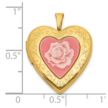 Sterling Silver Gold-plated Polished Front/Brushed Back Pink Rose Resin Cameo 20mm Heart Locket