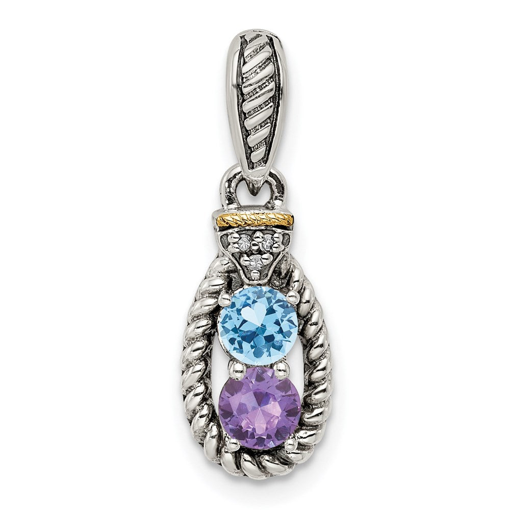 Sterling Silver Antiqued w/14k 4-stone w/Diamond Mothers Pendant Semi-Mount
