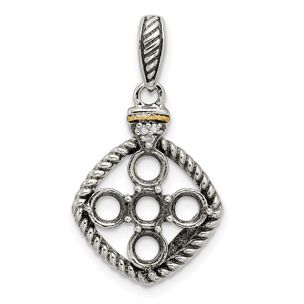 Sterling Silver Antiqued w/14k 5-stone w/Diamond Mothers Pendant Semi-Mount
