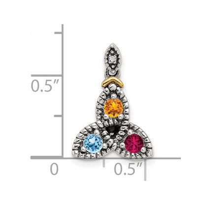 Sterling Silver Antiqued w/14k 3-stone w/Diamond Mothers Pendant Semi-Mount