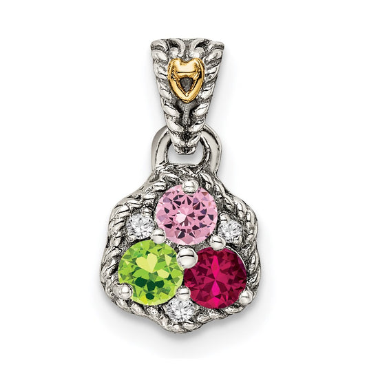 Sterling Silver Antiqued w/14k 3-stone w/Diamond Mothers Pendant Semi-Mount