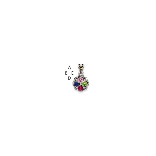 Sterling Silver Antiqued w/14k 4-stone w/Diamond Mothers Pendant Semi-Mount