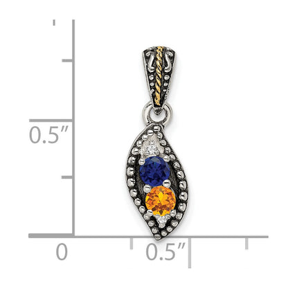 Sterling Silver Antiqued w/14k 2-stone w/Diamond Mothers Pendant Semi-Mount