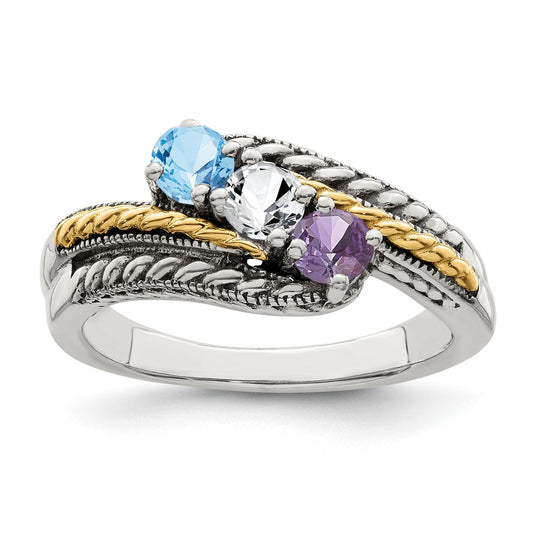 Sterling Silver Antiqued w/14k 3-stone Mother's Ring Mounting