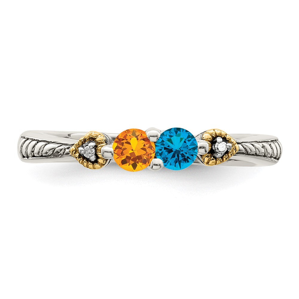 Sterling Silver Antiqued w/14k 2-stone w/Diamond Mother's Semi-Mount Ring