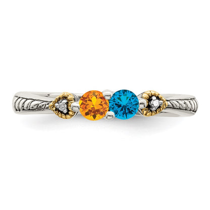 Sterling Silver Antiqued w/14k 2-stone w/Diamond Mother's Semi-Mount Ring