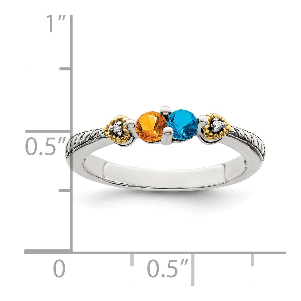 Sterling Silver Antiqued w/14k 2-stone w/Diamond Mother's Semi-Mount Ring