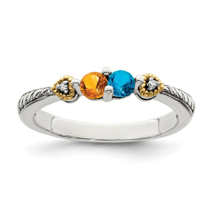 Sterling Silver Antiqued w/14k 2-stone w/Diamond Mother's Semi-Mount Ring