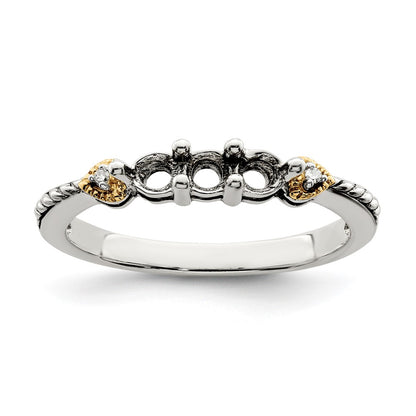 Sterling Silver Antiqued w/14k 3-stone w/Diamond Mother's Semi-Mount Ring