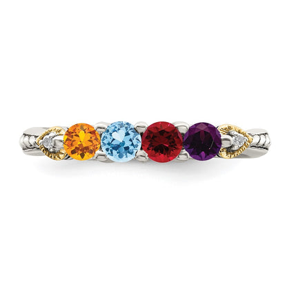 Sterling Silver Antiqued w/14k 4-stone w/Diamond Mother's Semi-Mount Ring