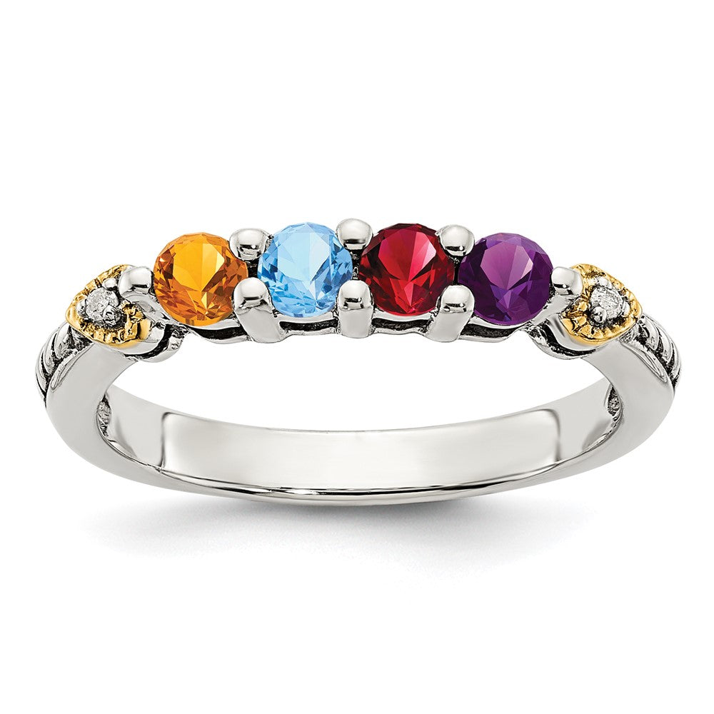 Sterling Silver Antiqued w/14k 4-stone w/Diamond Mother's Semi-Mount Ring