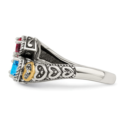 Sterling Silver Antiqued w/14k 2-stone w/Diamond Mother's Ring Semi-Mount