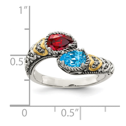 Sterling Silver Antiqued w/14k 2-stone w/Diamond Mother's Ring Semi-Mount
