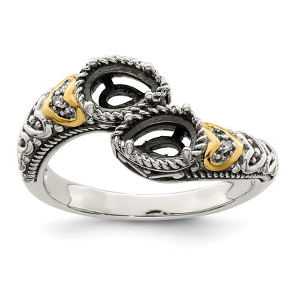 Sterling Silver Antiqued w/14k 2-stone w/Diamond Mother's Ring Semi-Mount