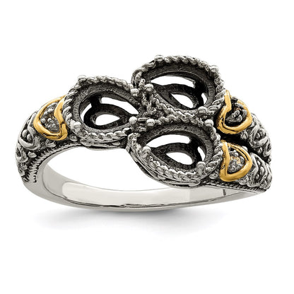 Sterling Silver Antiqued w/14k 3-stone w/Diamond Mother's Ring Semi-Mount