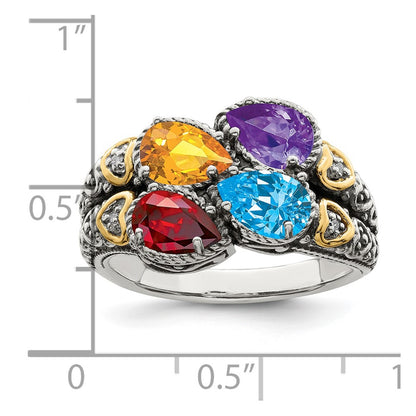 Sterling Silver Antiqued w/14k 4-stone w/Diamond Mother's Ring Semi-Mount