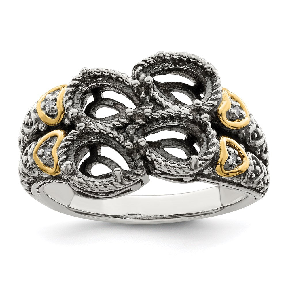 Sterling Silver Antiqued w/14k 4-stone w/Diamond Mother's Ring Semi-Mount
