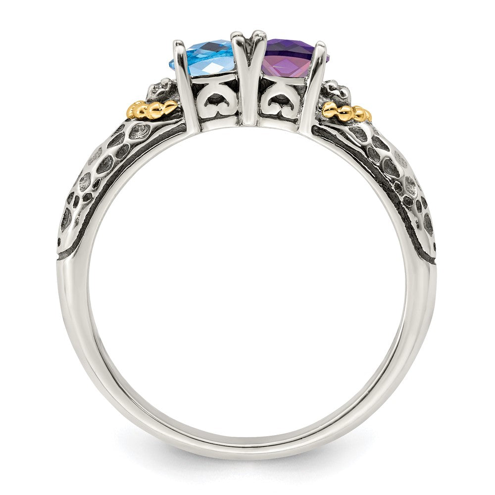 Sterling Silver Antiqued w/14k 2-stone w/Diamond Mother's Ring Semi-Mount