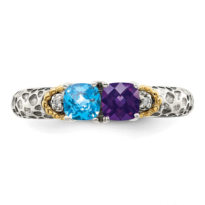 Sterling Silver Antiqued w/14k 2-stone w/Diamond Mother's Ring Semi-Mount